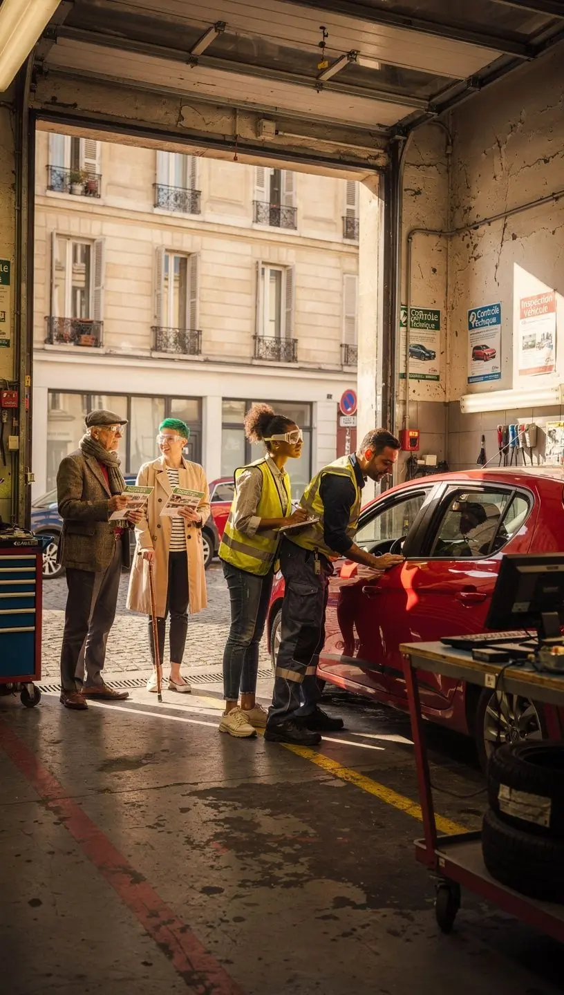 Vue panoramique d’un centre d’inspection automobile avec plusieurs véhicules en cours d’examen par des professionnels.